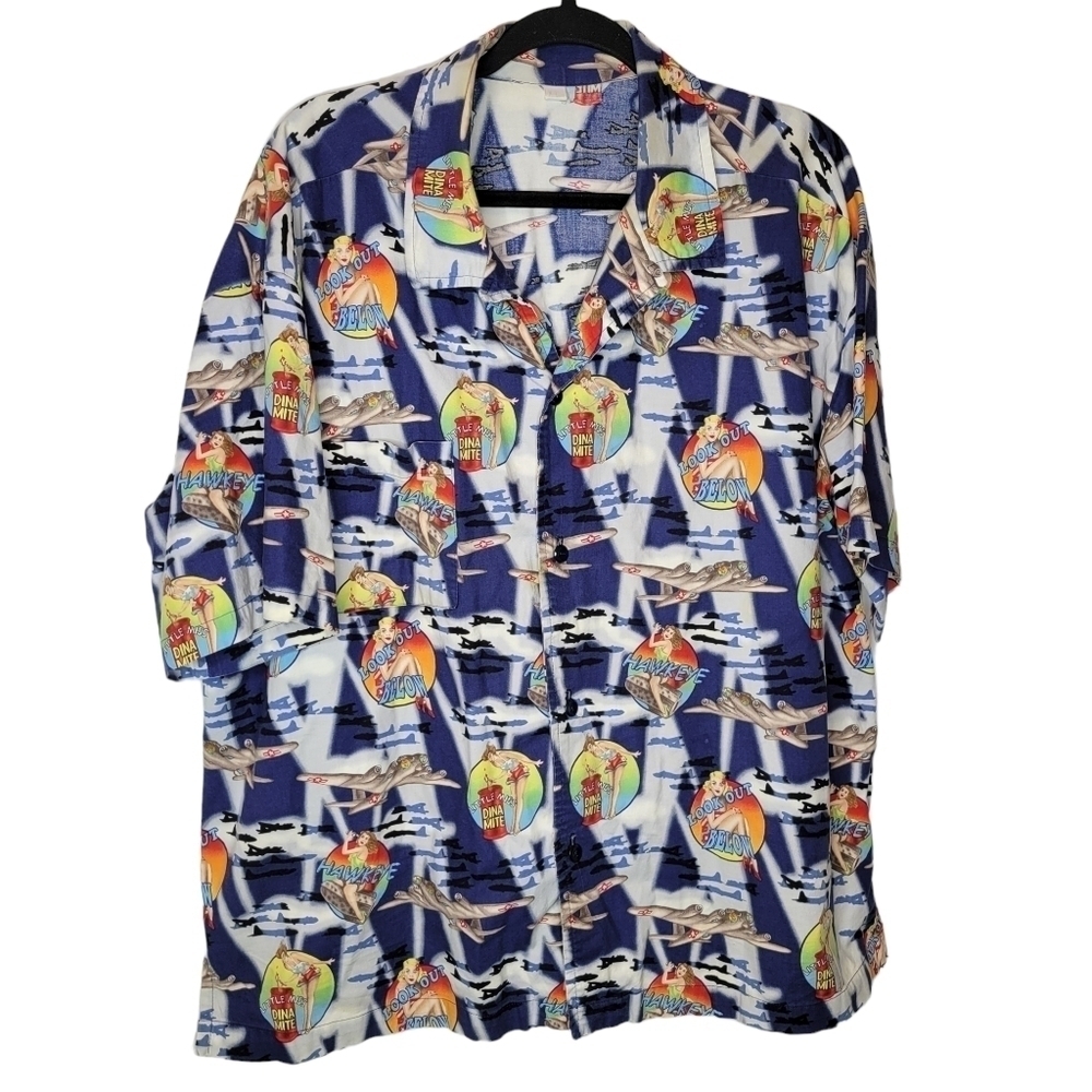 Vintage 90s Hawaiian Pinup Babes WWII Bomber Hawkeye Planes Button Up Shirt